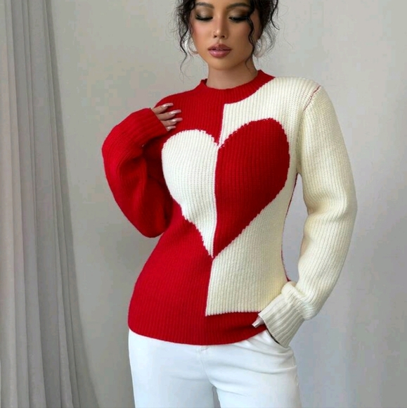 Women Crew Neck Long Sleeve Heart Pattern Detail Colorblock Casual Sweater - Picture 3 of 4